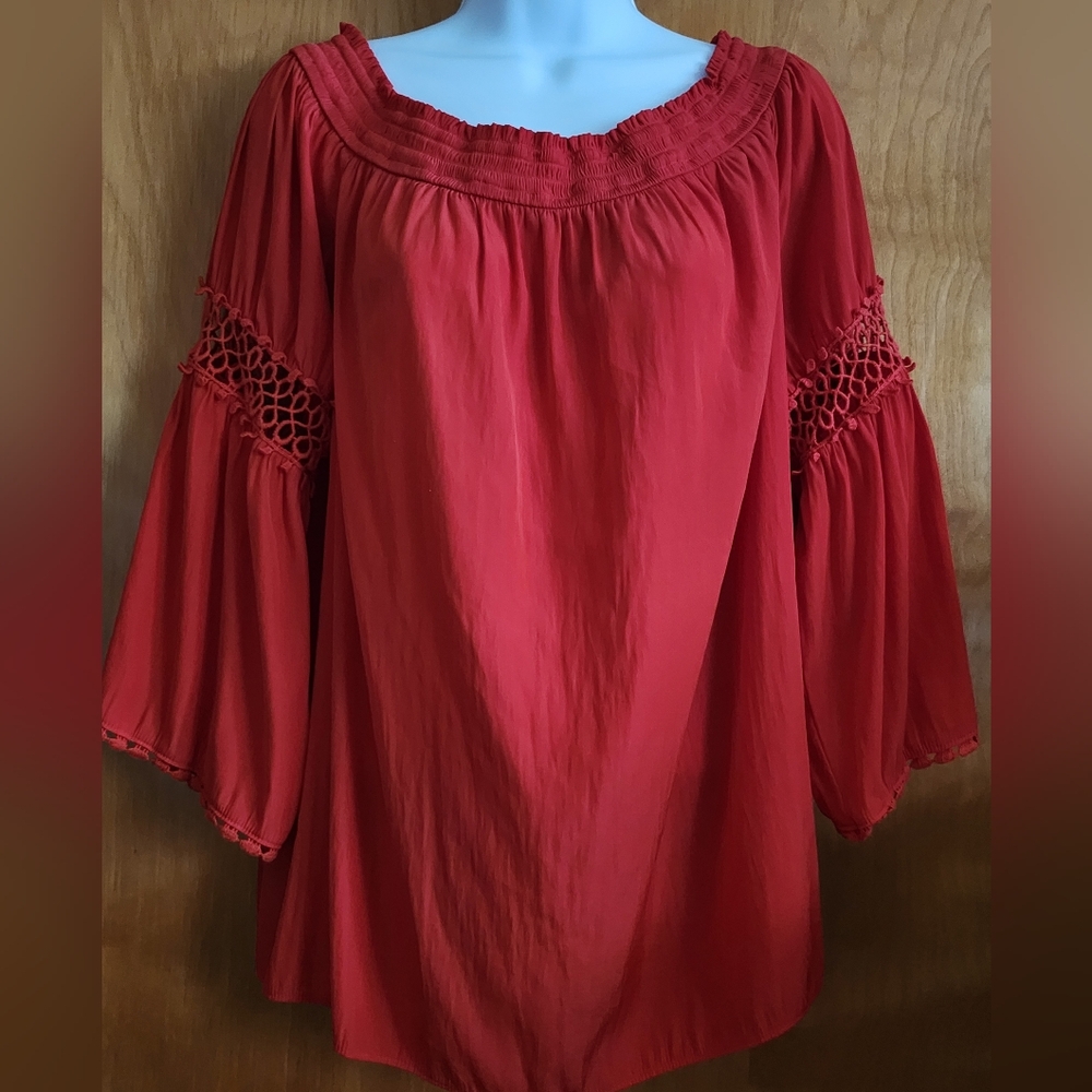 Chico's Crochet Details Off The Shoulder Red Top - Picture 7 of 15